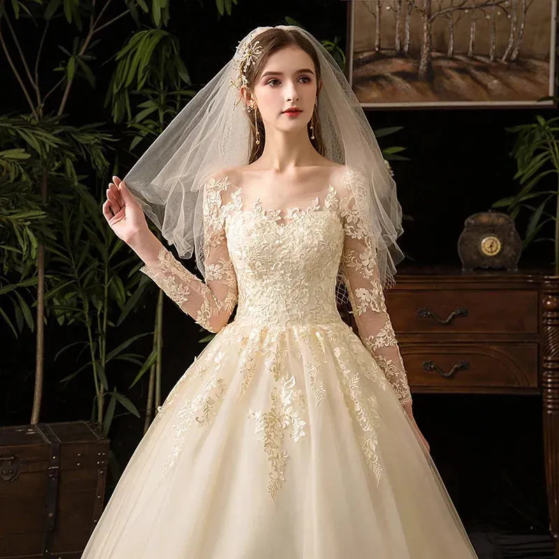 Wedding Dresses Muslim Champagne Full Sleeve Lace Bridal New Luxury Ball Gown Wedding Dress Vestido De Noiva