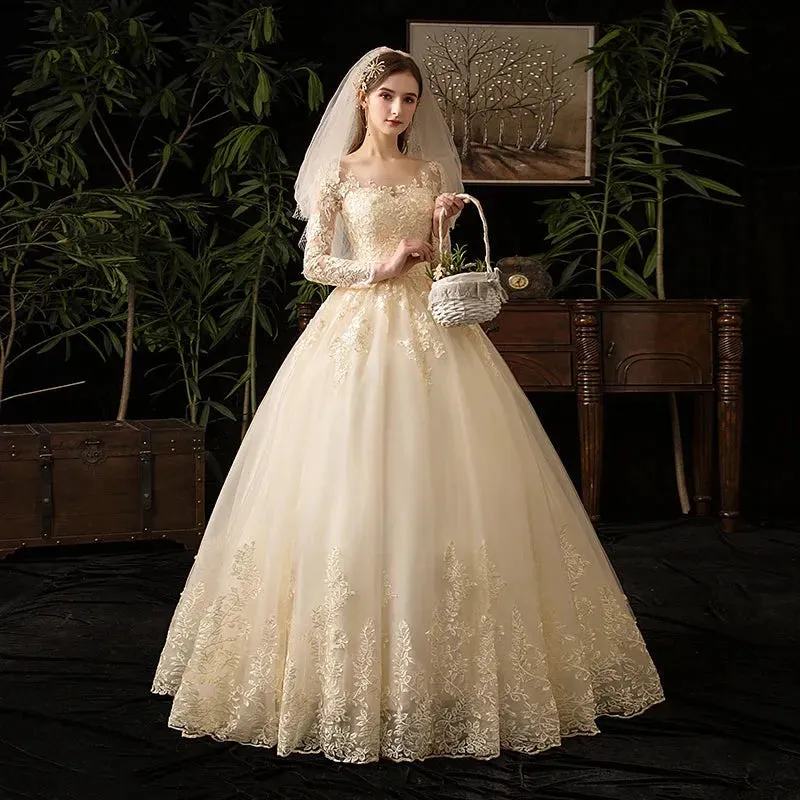 Wedding Dresses Muslim Champagne Full Sleeve Lace Bridal New Luxury Ball Gown Wedding Dress Vestido De Noiva