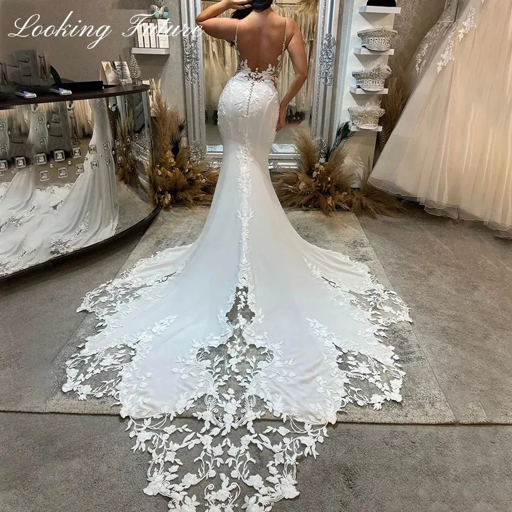 Wedding Dresses Spaghetti Straps Mermaid Bridal Dress Appliqued Lace Backless