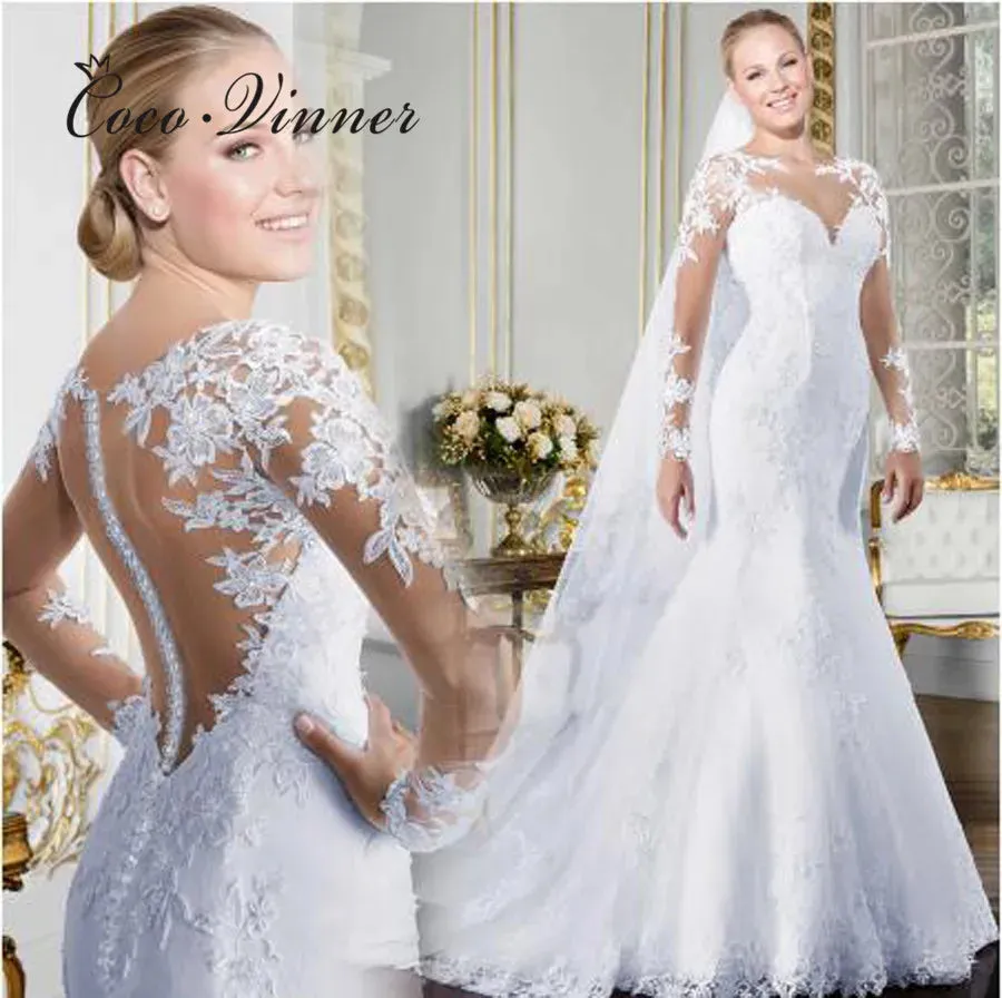Wedding Guest Dresses: Sheer V-neck Long Sleeve Mermaid Wedding Dresses