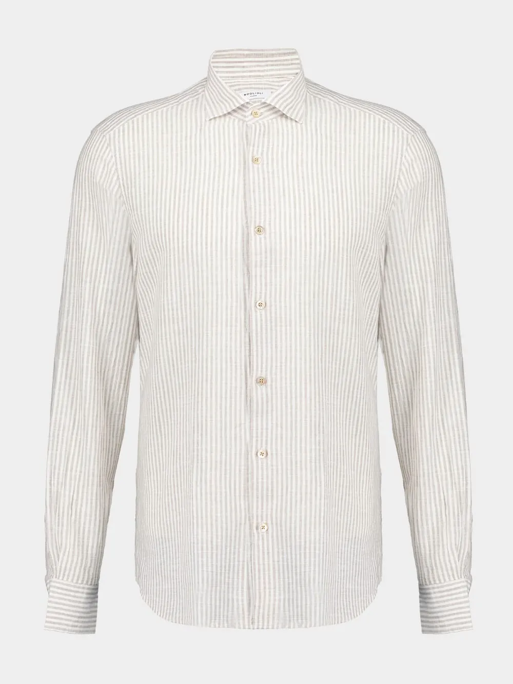 White & Beige Striped Cotton-Linen Shirt