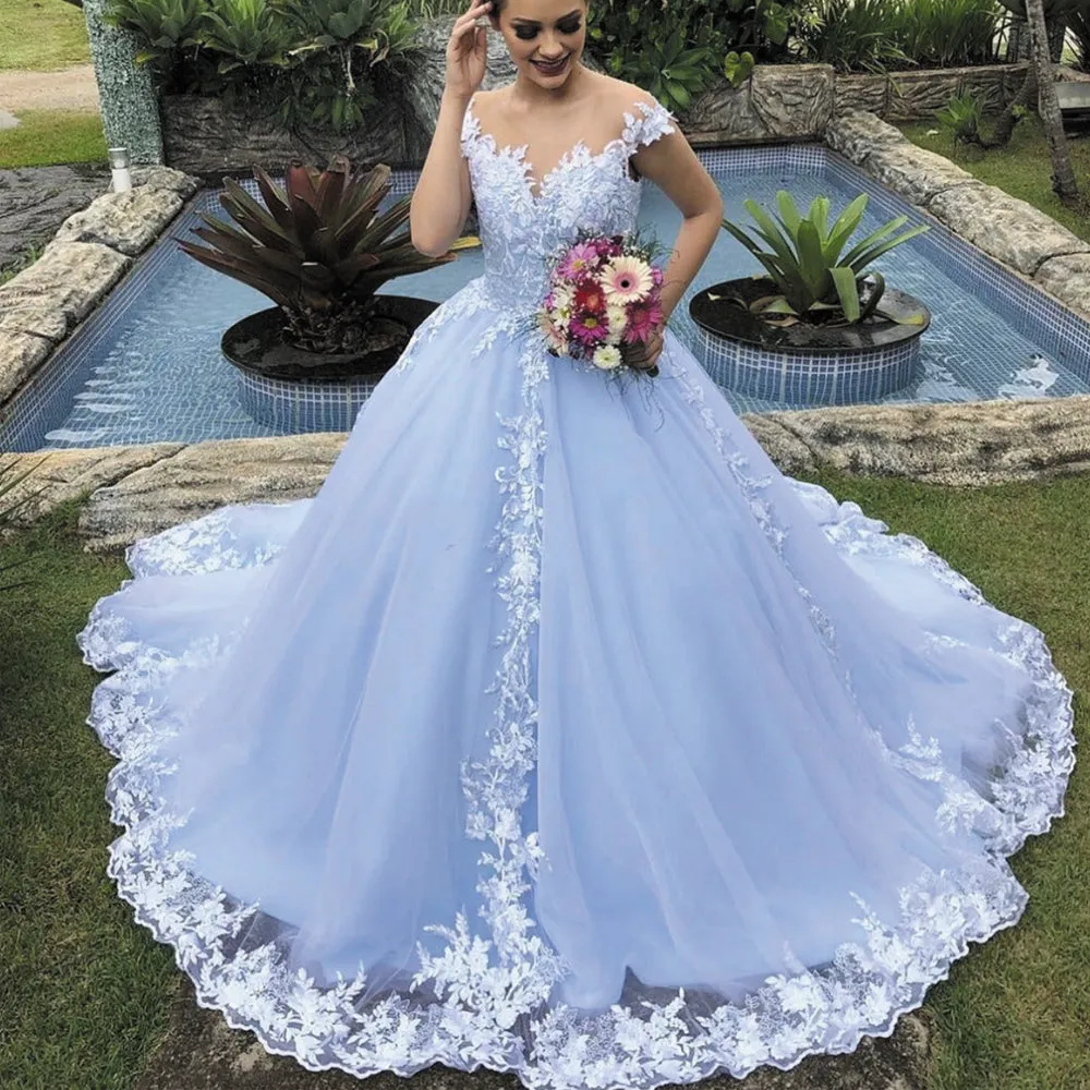white lace applique wedding dresses ball gown cap sleeve princess boho wedding gown vestido de novia