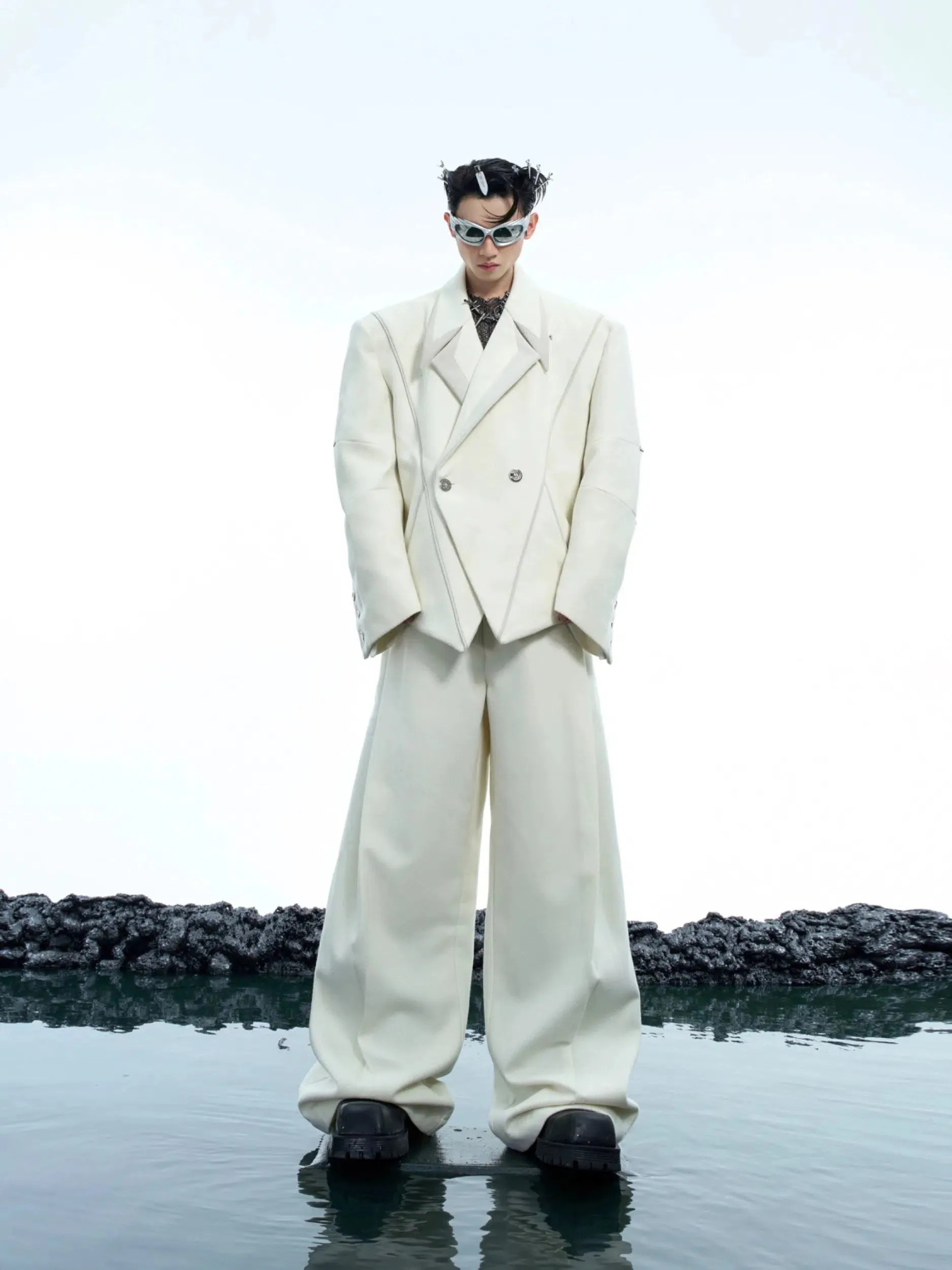 Wide-Leg Woolen Double Belt Pants