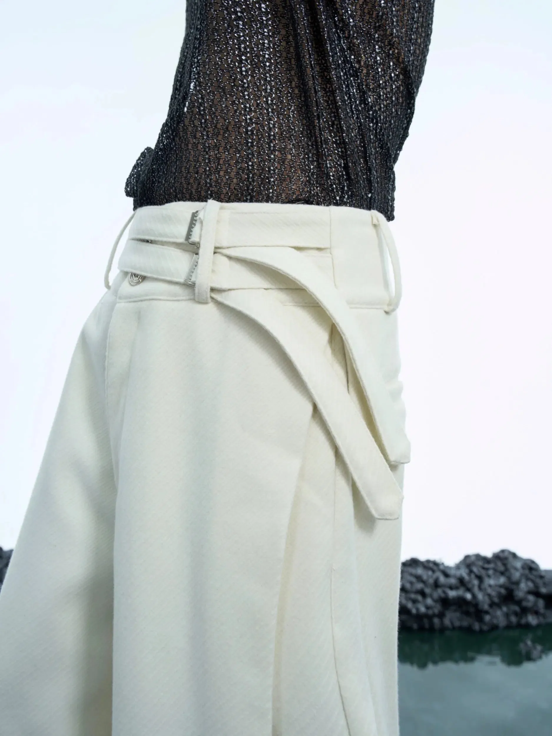 Wide-Leg Woolen Double Belt Pants