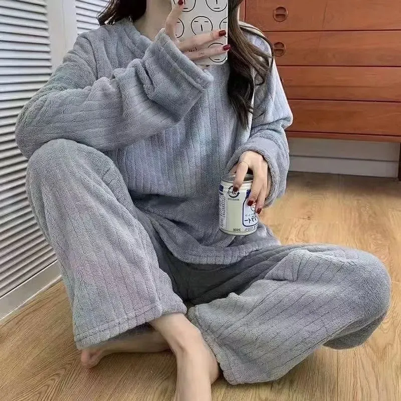 women  Fleecing Hoodie Pajama Suit Warm Woolen  Loose Top Elastic Waist Pants