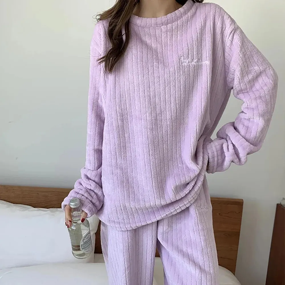 women  Fleecing Hoodie Pajama Suit Warm Woolen  Loose Top Elastic Waist Pants