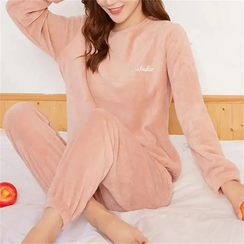 women  Fleecing Hoodie Pajama Suit Warm Woolen  Loose Top Elastic Waist Pants