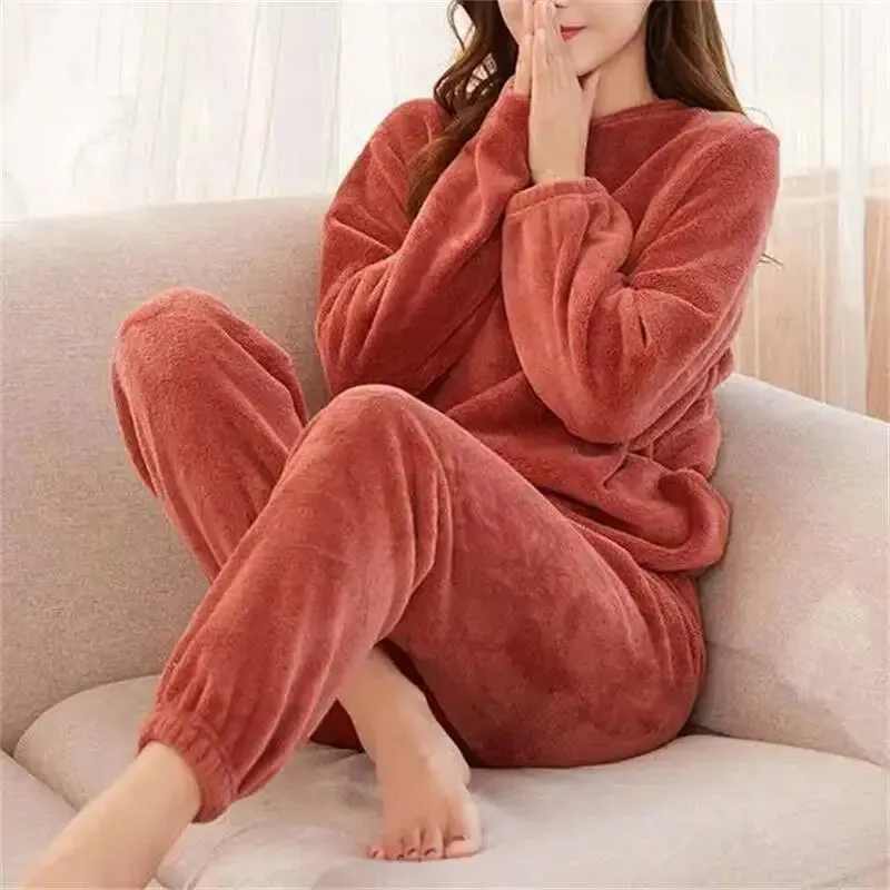 women  Fleecing Hoodie Pajama Suit Warm Woolen  Loose Top Elastic Waist Pants