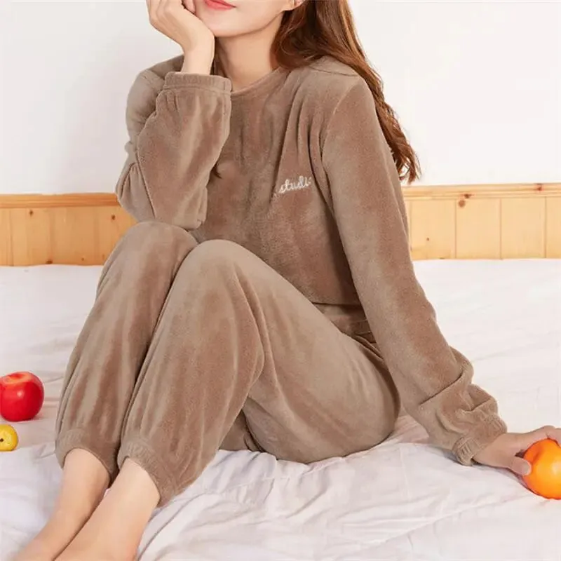 women  Fleecing Hoodie Pajama Suit Warm Woolen  Loose Top Elastic Waist Pants