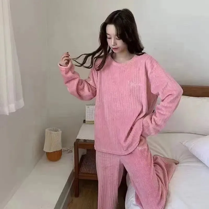 women  Fleecing Hoodie Pajama Suit Warm Woolen  Loose Top Elastic Waist Pants