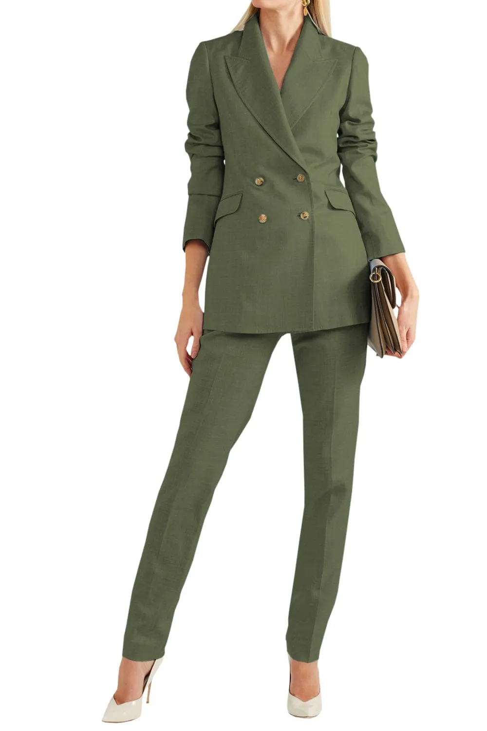 Women Linen Suit 2 Piece Peak Lapel Double Breasted Jacked (Blazer Pants）