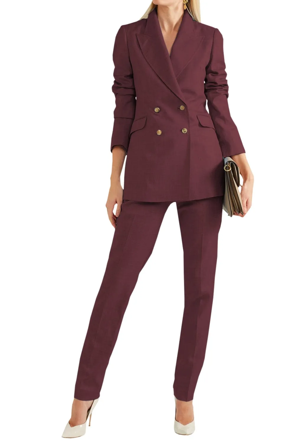 Women Linen Suit 2 Piece Peak Lapel Double Breasted Jacked (Blazer Pants）
