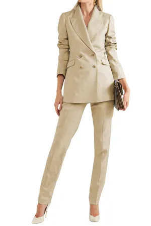 Women Linen Suit 2 Piece Peak Lapel Double Breasted Jacked (Blazer Pants）
