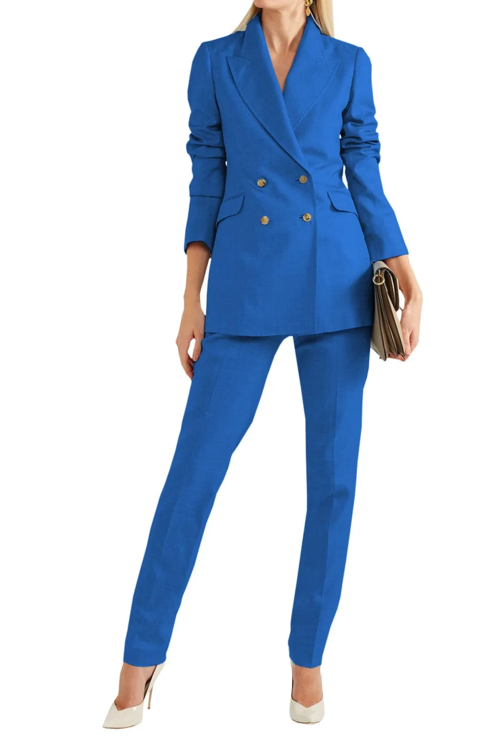 Women Linen Suit 2 Piece Peak Lapel Double Breasted Jacked (Blazer Pants）