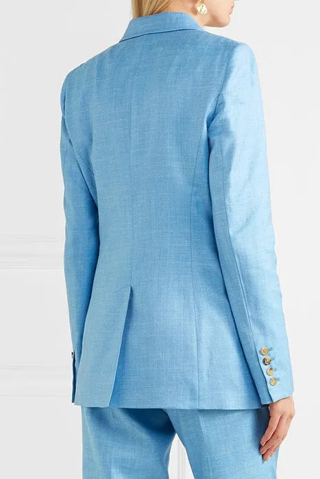 Women Linen Suit 2 Piece Peak Lapel Double Breasted Jacked (Blazer Pants）