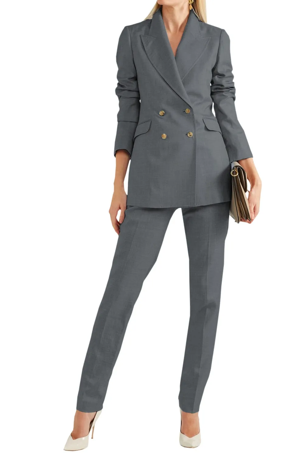 Women Linen Suit 2 Piece Peak Lapel Double Breasted Jacked (Blazer Pants）