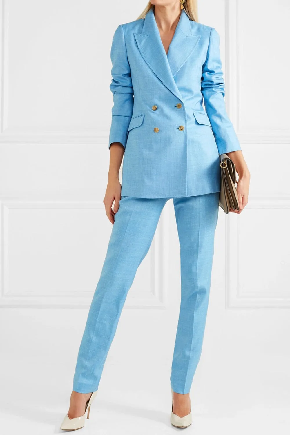 Women Linen Suit 2 Piece Peak Lapel Double Breasted Jacked (Blazer Pants）