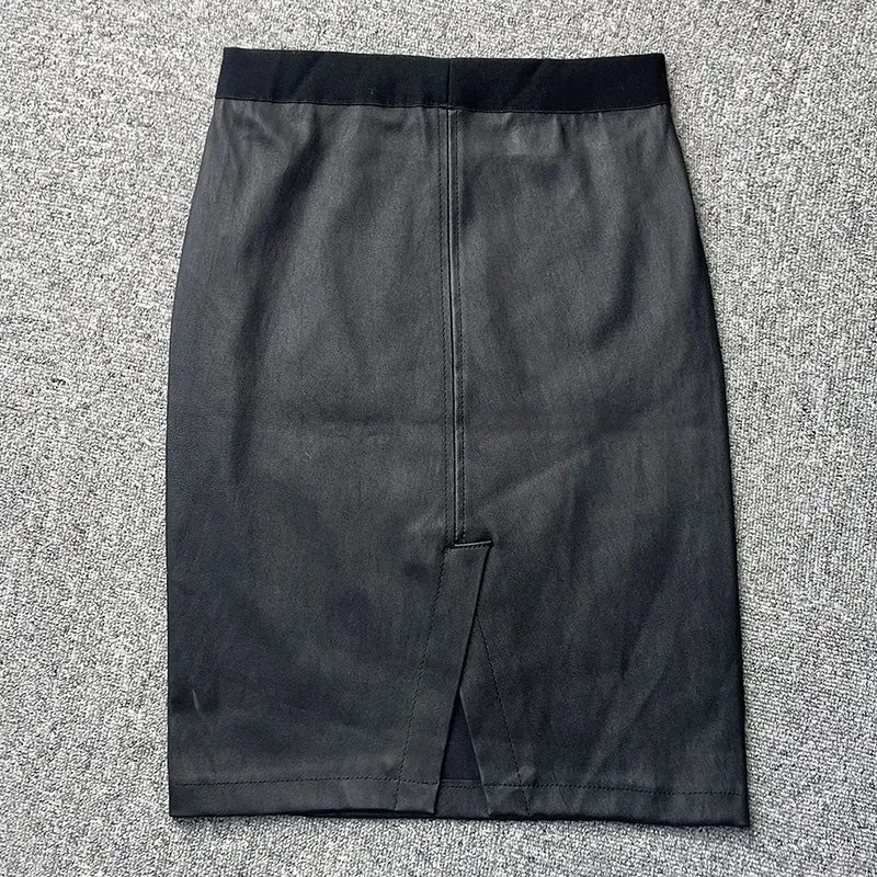 Women Split Elastic Leather Skirt Hip Solid Sheepskin Mid Dress Autumn Winter 2022 New TF4799