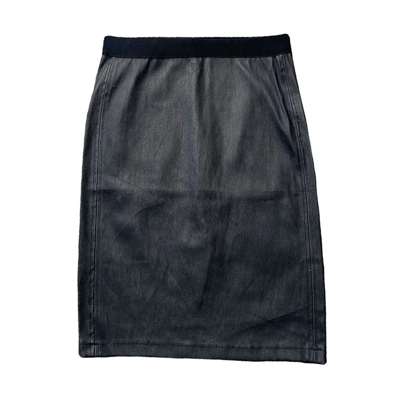 Women Split Elastic Leather Skirt Hip Solid Sheepskin Mid Dress Autumn Winter 2022 New TF4799