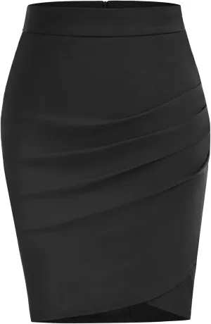 Women Wrap Ruched Mini Skirt Pleated Bodycon Pencil Skirt Black High Stretchy