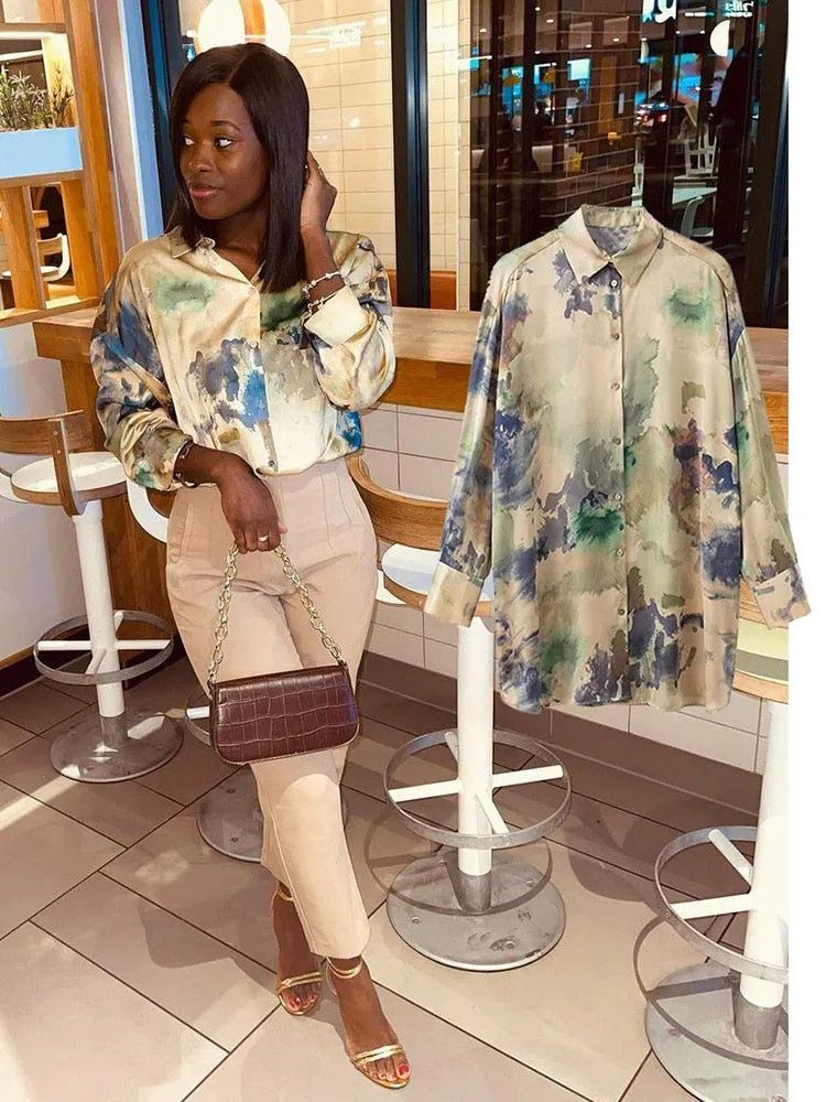 Women's Long Sleeve Animal Print Satin Blouse