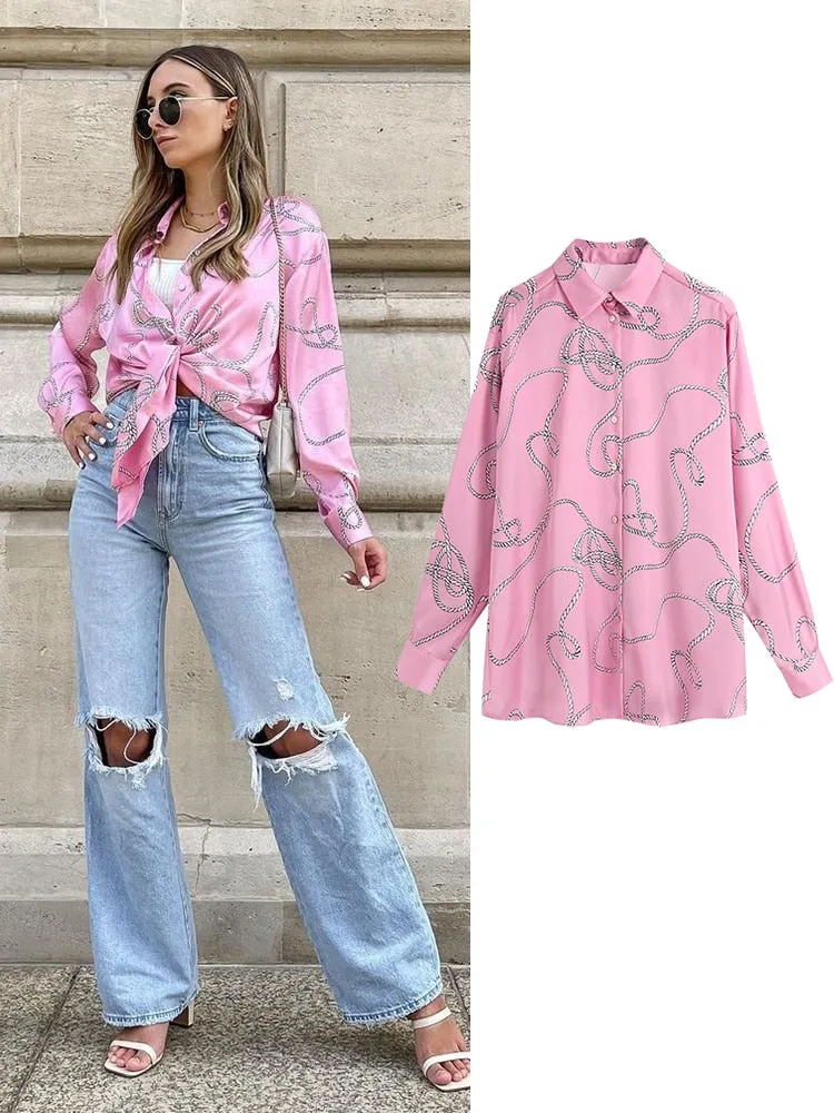 Women's Long Sleeve Animal Print Satin Blouse