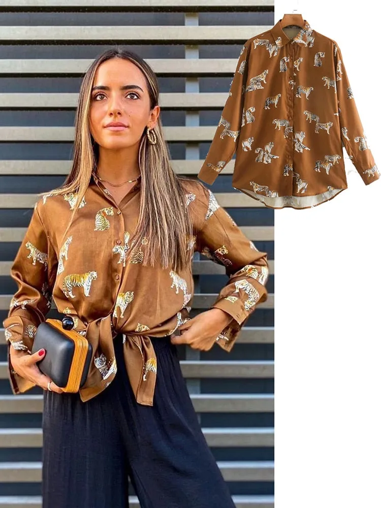 Women's Long Sleeve Animal Print Satin Blouse