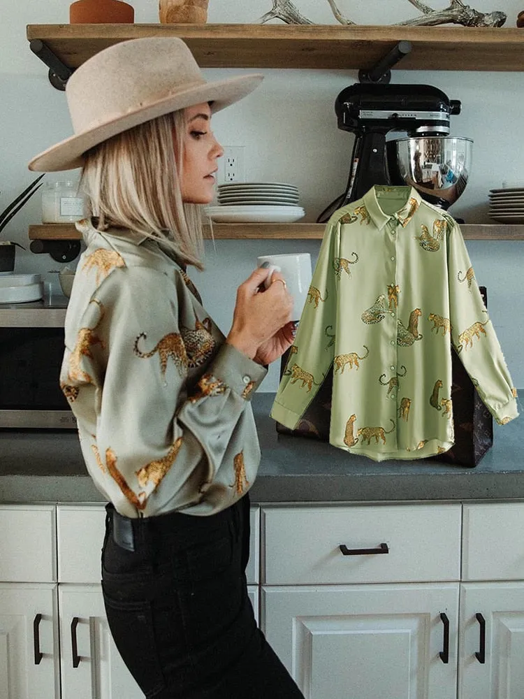 Women's Long Sleeve Animal Print Satin Blouse
