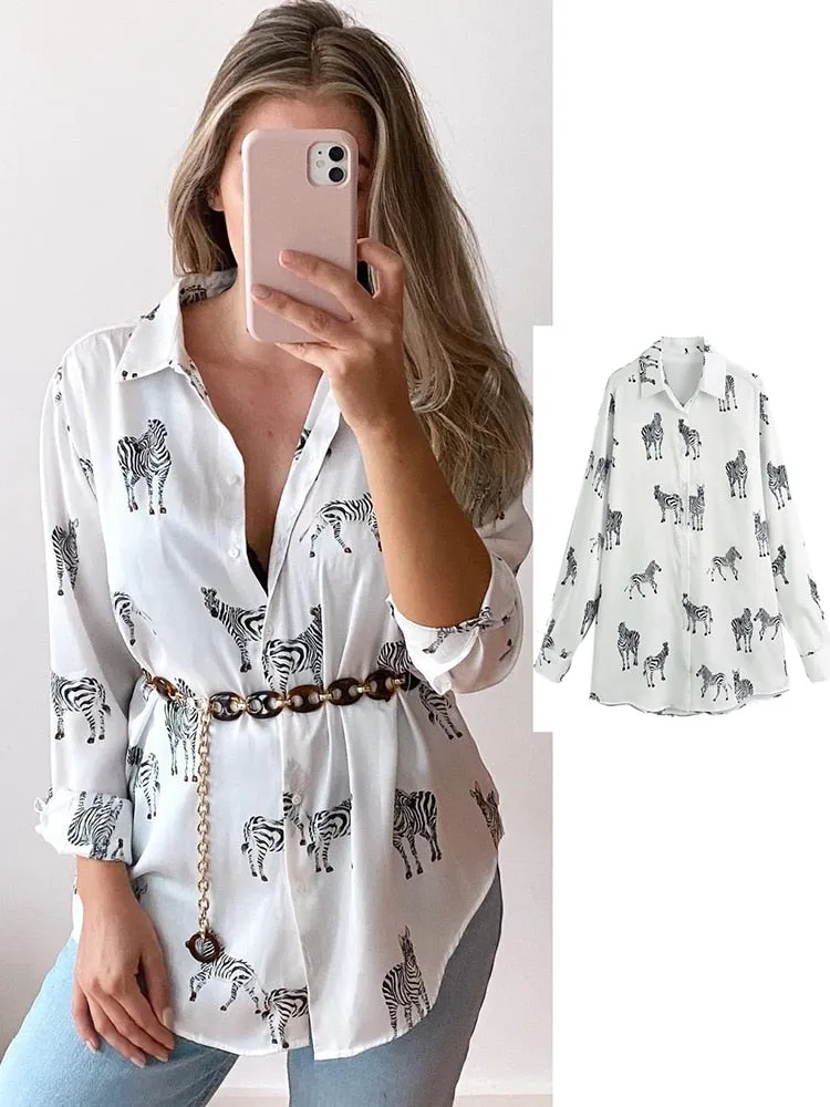 Women's Long Sleeve Animal Print Satin Blouse