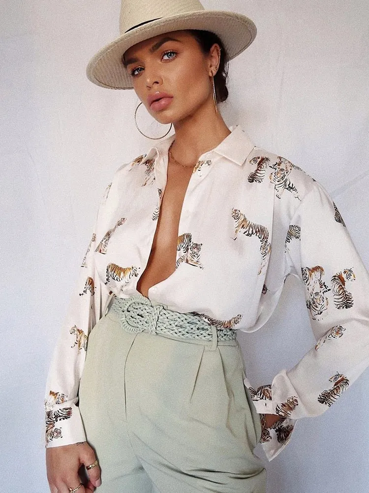 Women's Long Sleeve Animal Print Satin Blouse