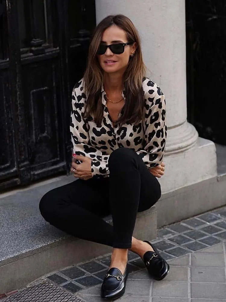 Women's Long Sleeve Animal Print Satin Blouse