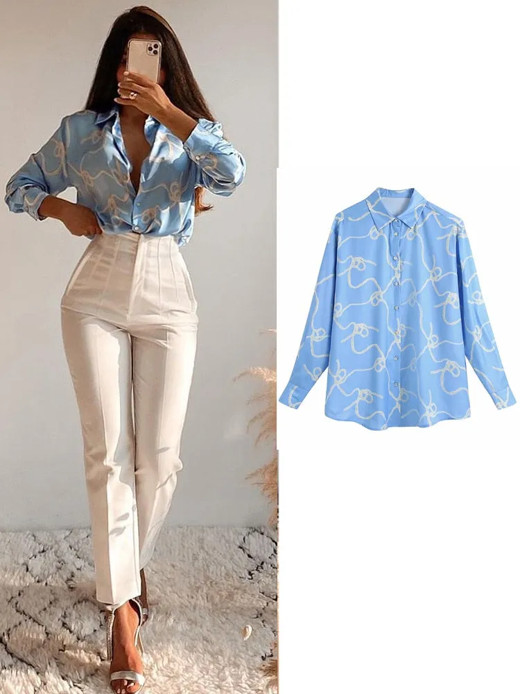 Women's Long Sleeve Animal Print Satin Blouse