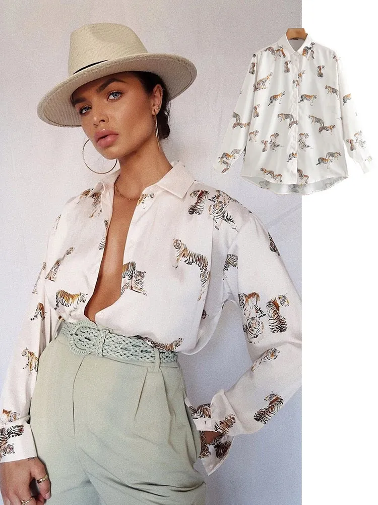 Women's Long Sleeve Animal Print Satin Blouse