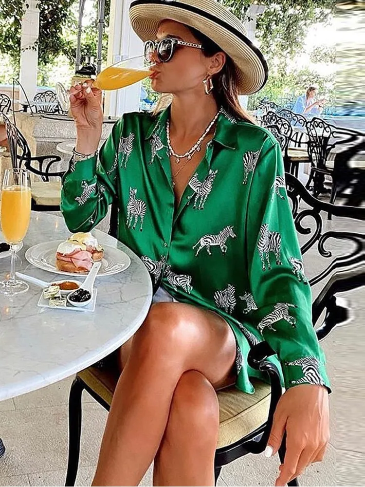 Women's Long Sleeve Animal Print Satin Blouse