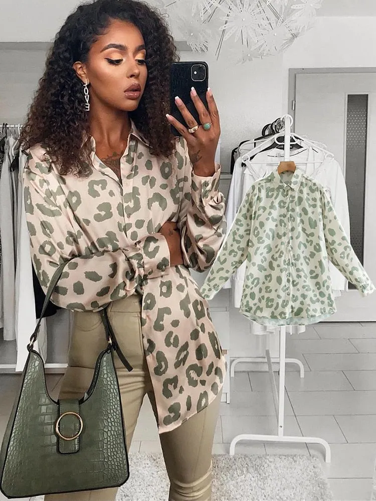 Women's Long Sleeve Animal Print Satin Blouse