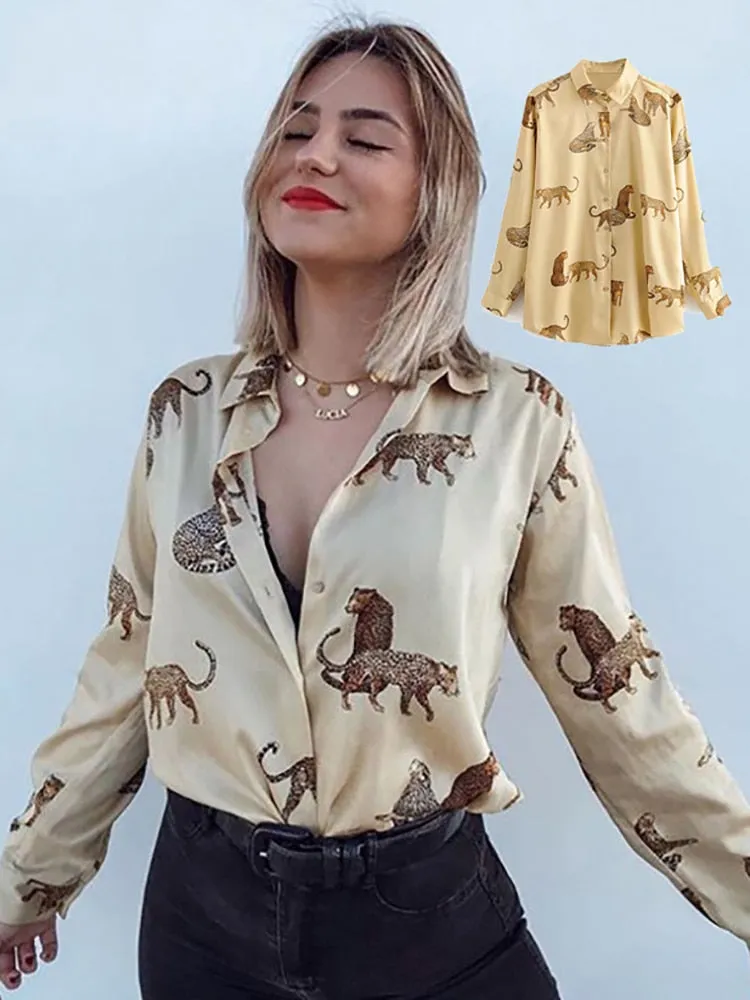Women's Long Sleeve Animal Print Satin Blouse