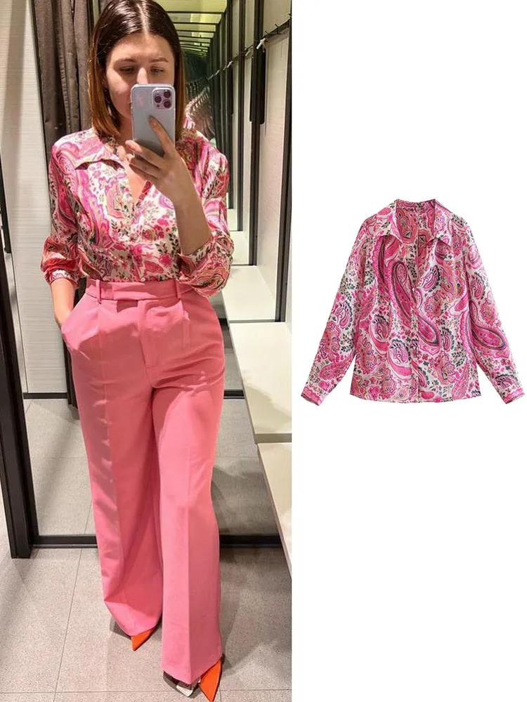 Women's Long Sleeve Animal Print Satin Blouse