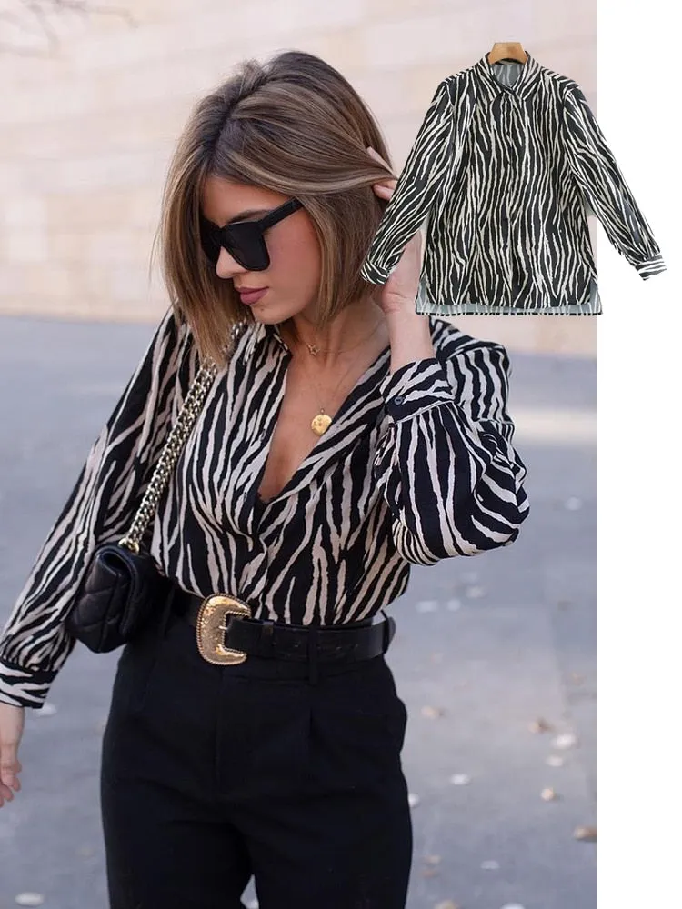 Women's Long Sleeve Animal Print Satin Blouse