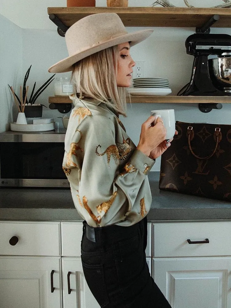 Women's Long Sleeve Animal Print Satin Blouse
