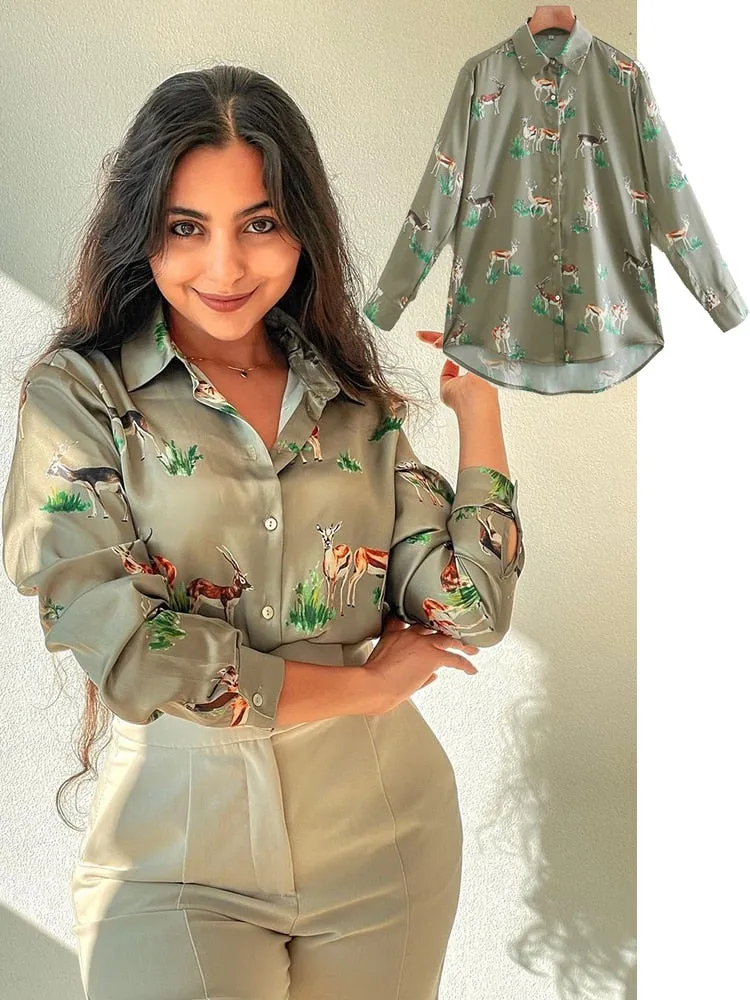 Women's Long Sleeve Animal Print Satin Blouse