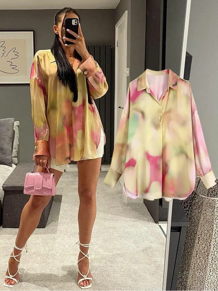 Women's Long Sleeve Animal Print Satin Blouse