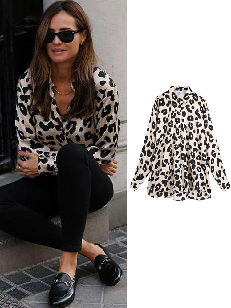 Women's Long Sleeve Animal Print Satin Blouse