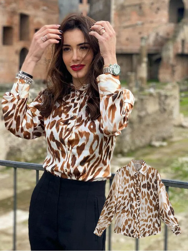 Women's Long Sleeve Animal Print Satin Blouse