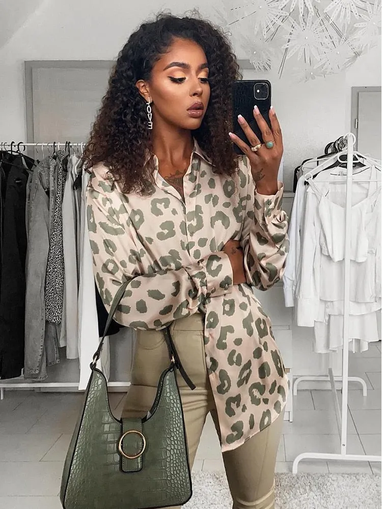Women's Long Sleeve Animal Print Satin Blouse