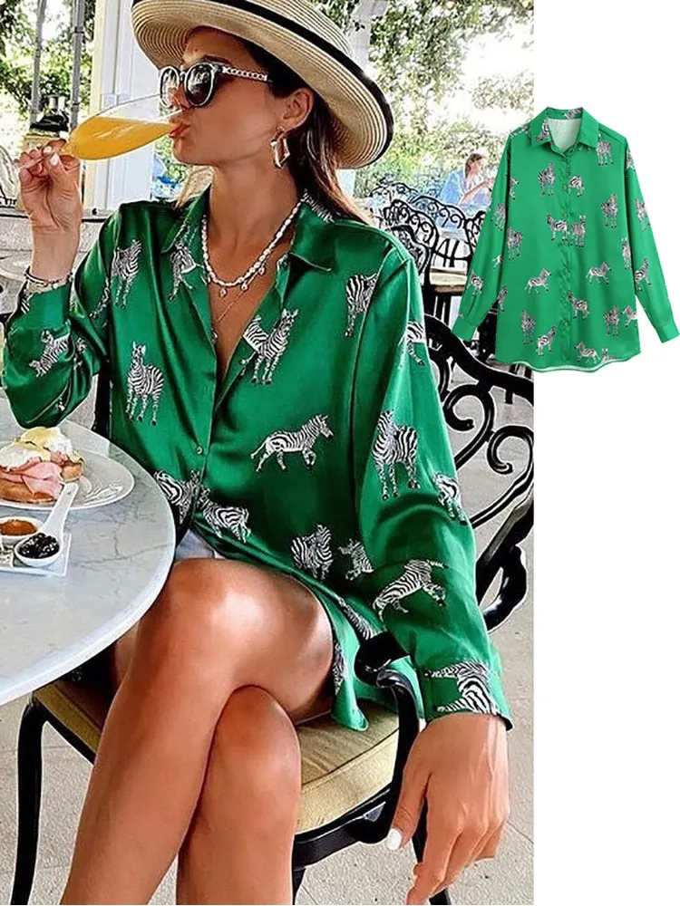 Women's Long Sleeve Animal Print Satin Blouse