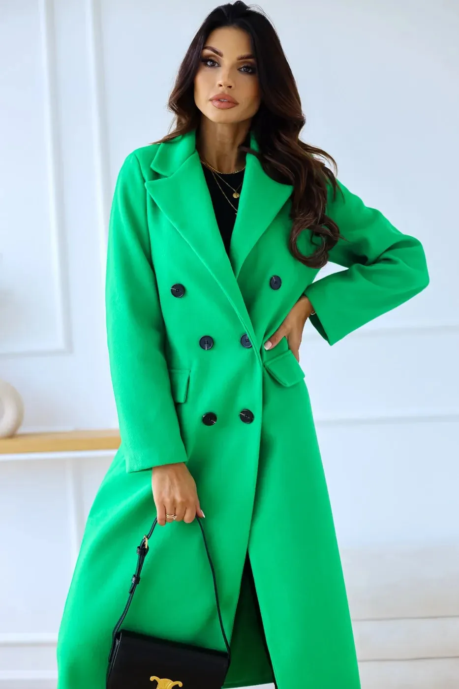 Women's minimalist double breasted long sleeved lapel button down woolen jacket with loose