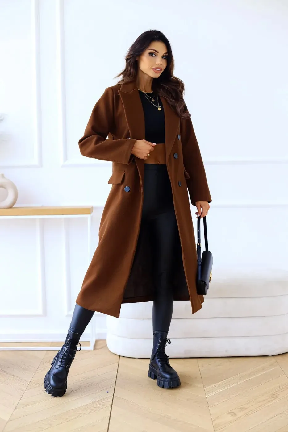 Women's minimalist double breasted long sleeved lapel button down woolen jacket with loose