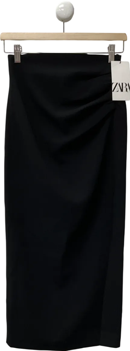 ZARA Black Ruched Side Split Pencil Skirt UK XS